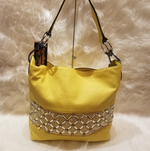 YELLOW RHINESTONE BLING DESIGN HOBO HANDBAG - Picture 1 of 8